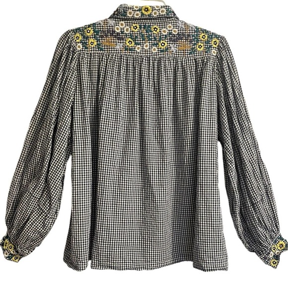SOLD Inoui Paris XS Embroidered Gingham Check Blouse Blue White Balloon Sleev… - Picture 6 of 10